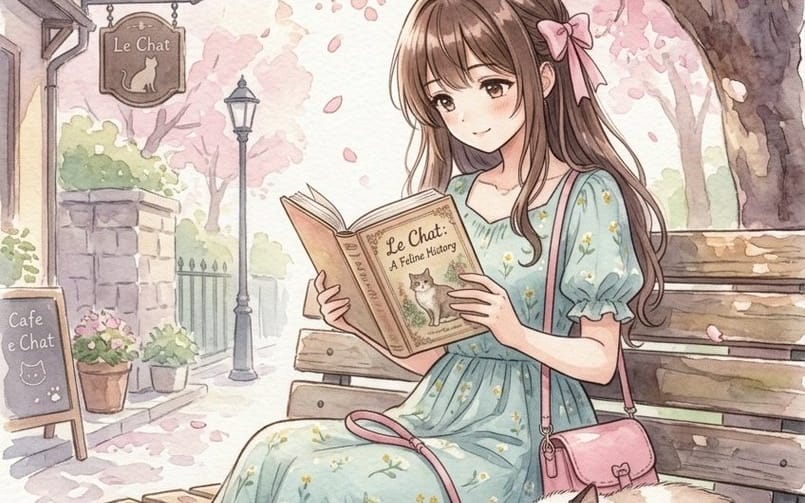 Garota de anime em aquarela lendo sob cerejeiras