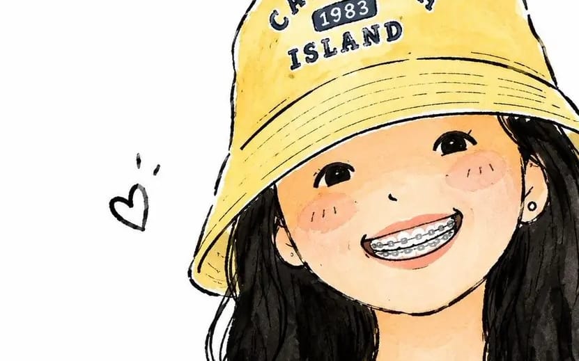 Cute watercolor anime portrait of a smiling young girl