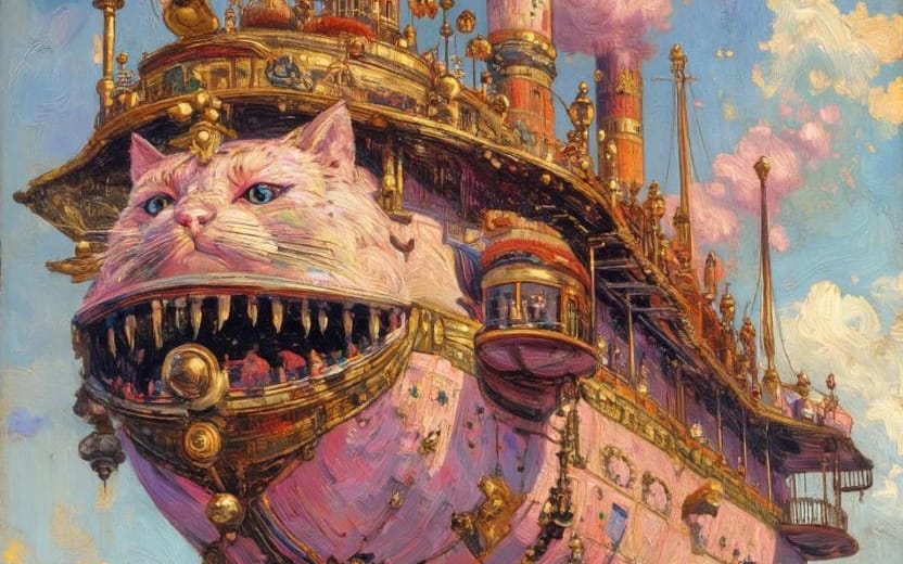 Deniz Üzerinde Steampunk Kedi Hava Gemisi