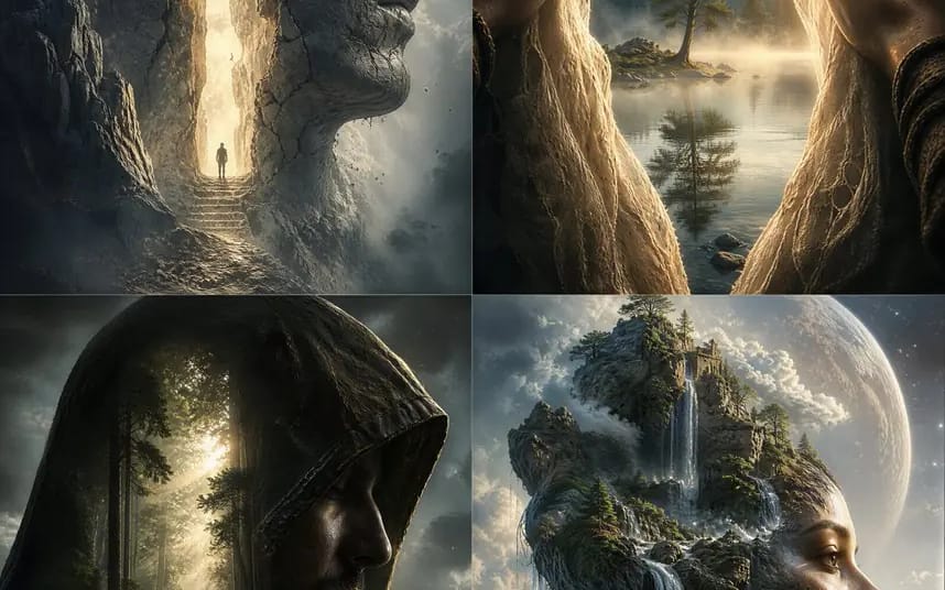 Create a same-series four-panel cinematic surreal fantasy