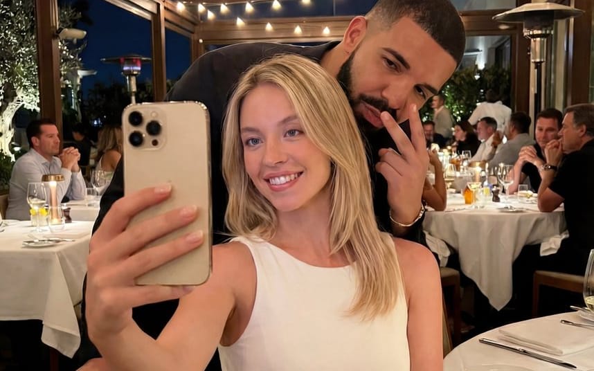 Selfie Scene in an Upscale Restaurant with Text Overlay