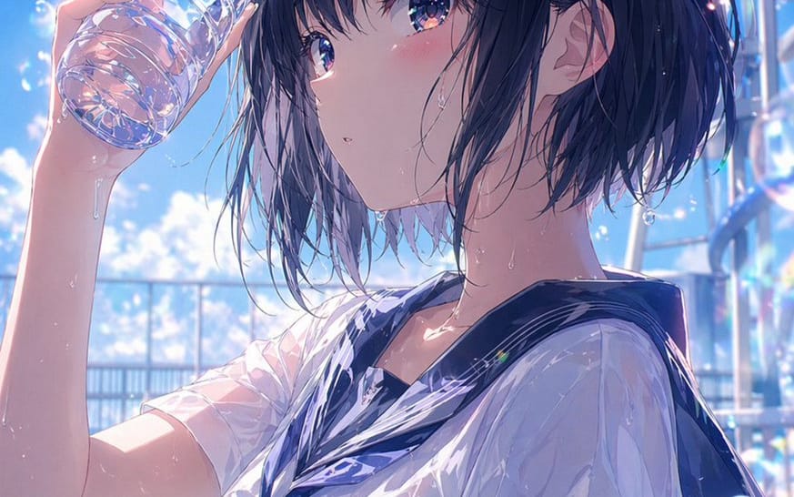 Portrait d'écolière anime sous la pluie estivale