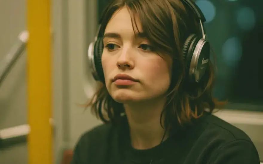Photorealistic cinematic portrait of a young woman sitting