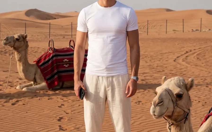 A confident young man stands centered in a full-body pose