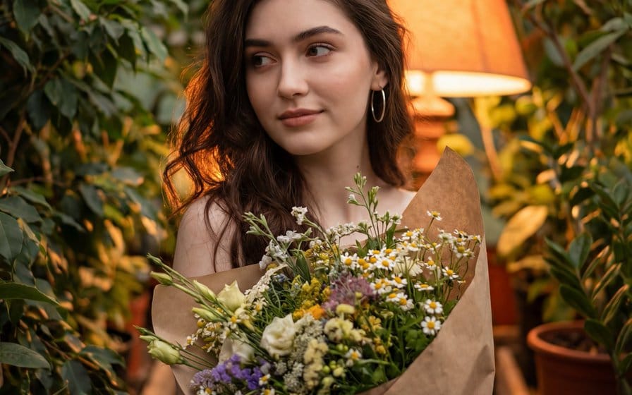 Atmospheric Portrait with Flowers and Warm Lighting