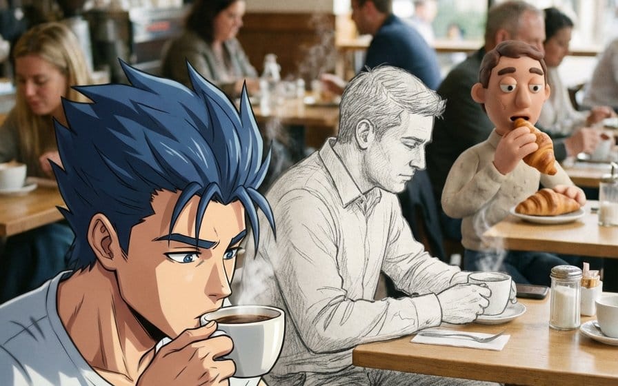 Mixed Media Cinematic Café Scene