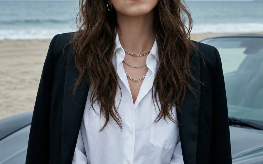 Photorealistic Fashion Portrait on Car Hood at Seaside