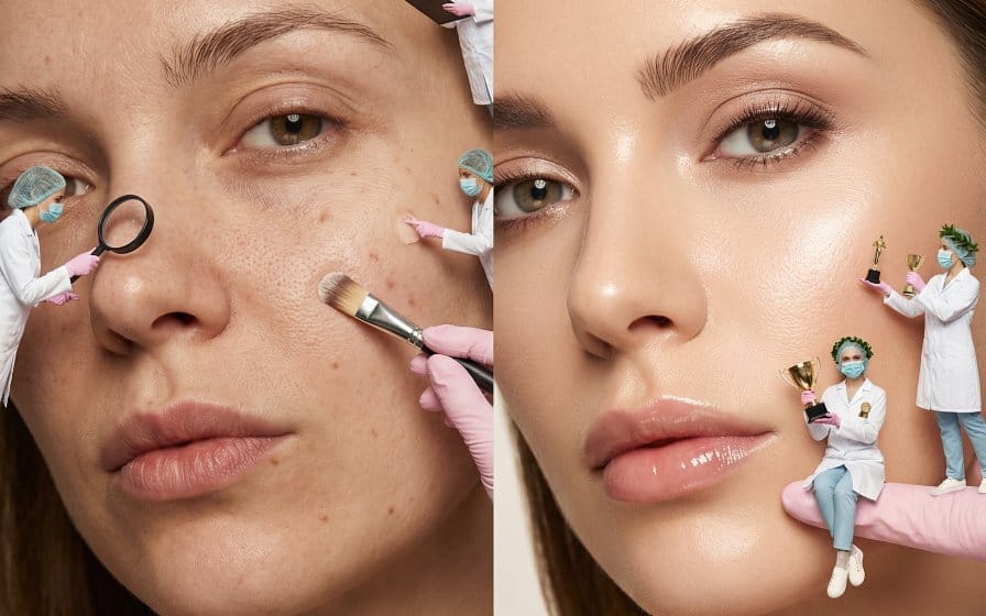 Surreal Skincare Before/After Editorial with Miniature Figures