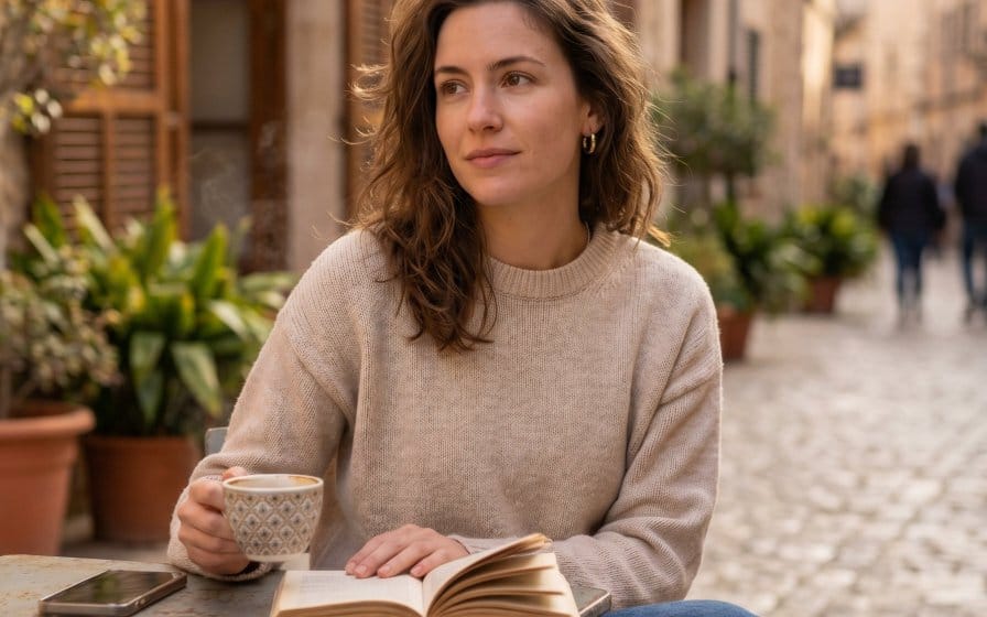 Mulher lendo em um café de rua europeu
