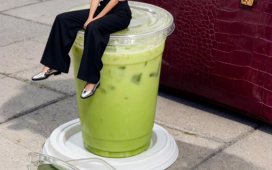 Photorealistic Miniature Woman on Milkshake Cup