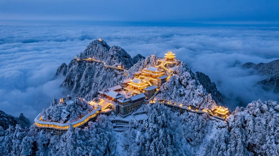Spectacular Aerial View of Laojun Mountain Temple in Winter