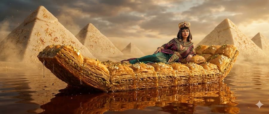 Sydney Sweeney as Cleopatra on a Baklava Barge Food Art Fantasy