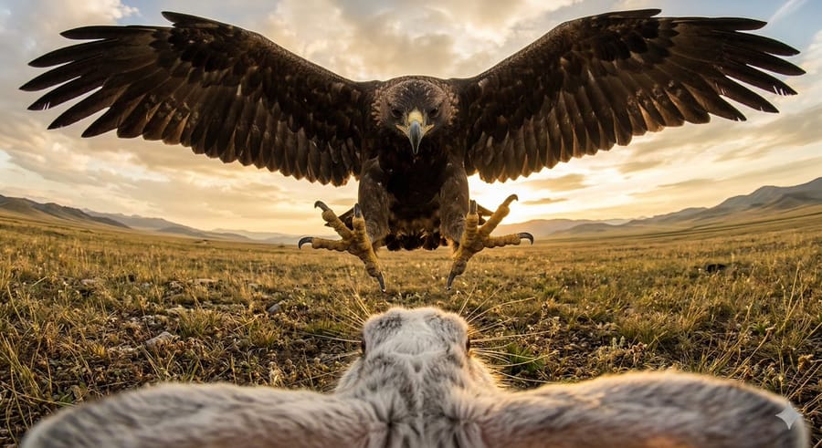 Foto cinematografica grandangolare di un coniglio e un'aquila