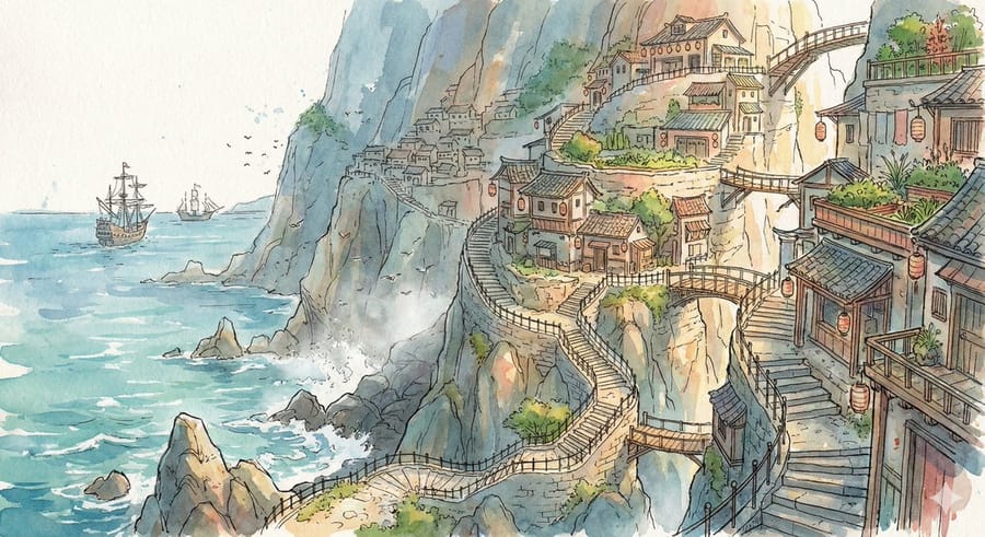 Ilustración de un pueblo en un acantilado en acuarela
