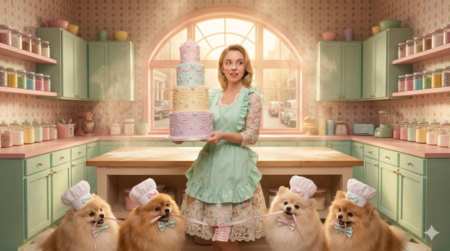 Sydney Sweeney als Konditorin im Wes-Anderson-Stil
