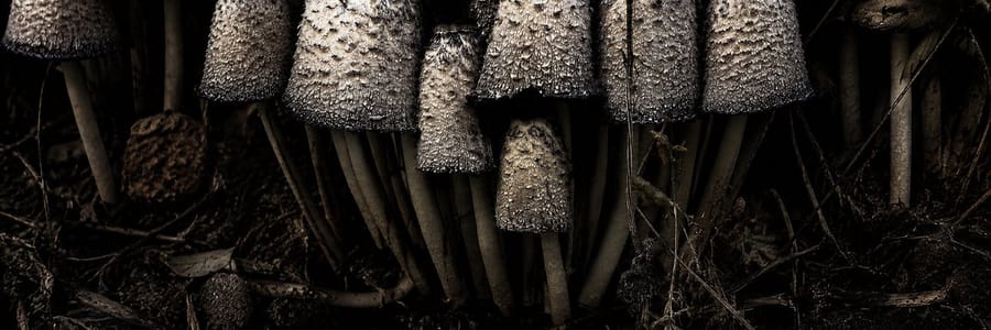 Groupe de champignons macro en plan large et atmosphérique