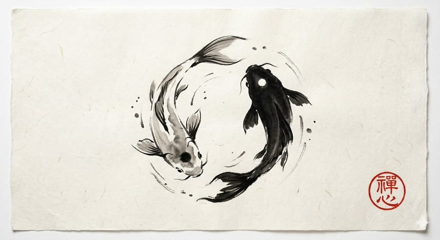 Yin ve Yang Koi Balığı Sumi-e İstemi