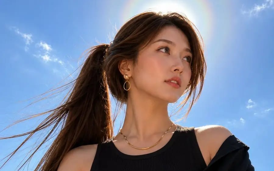 A stunning ultra-realistic low-angle portrait of a beautiful