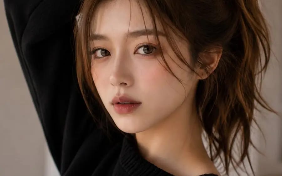 A cinematic close-up beauty portrait of a young woman