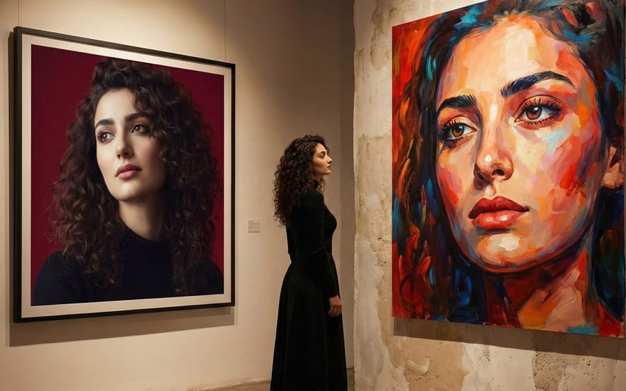 Cinematic Gallery Interior: Realism vs. Abstraction