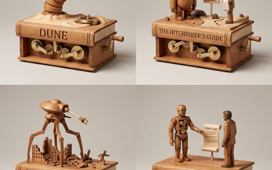 Sci-Fi Book Automaton Macro Product Photography Prompt