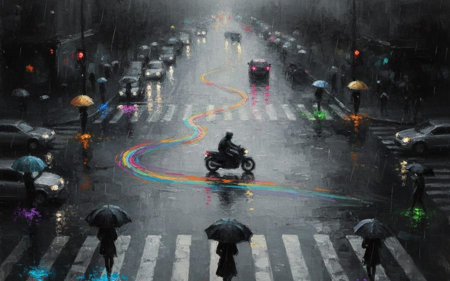 Impressionist Oil Painting of Rainy Urban Solitude