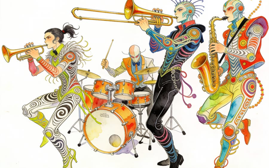 Band Illustration in a Hybrid Style of Moebius and Kim Jung Gi