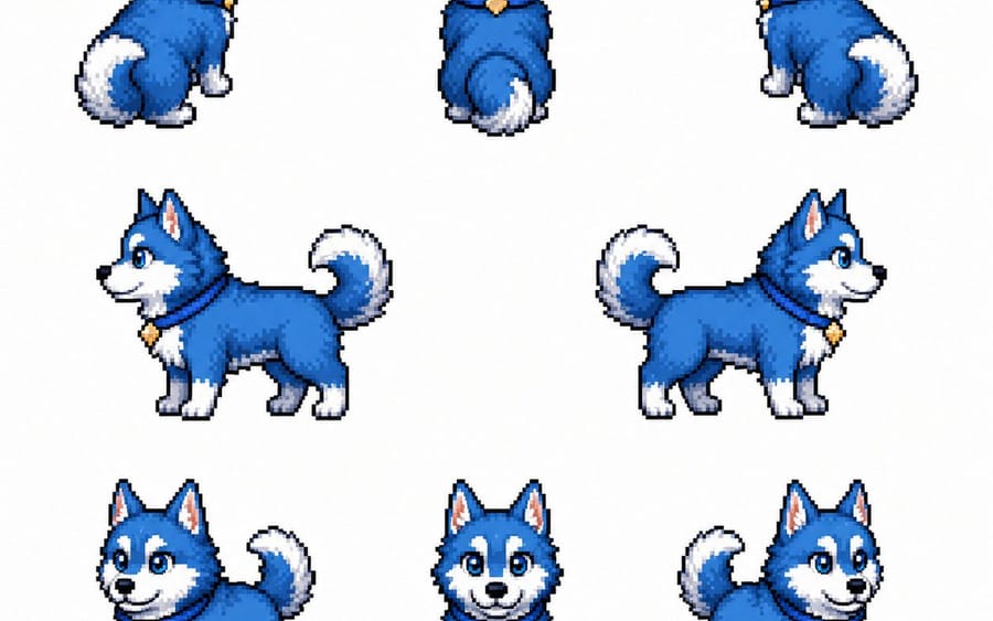 Foglio sprite pixel di un husky blu