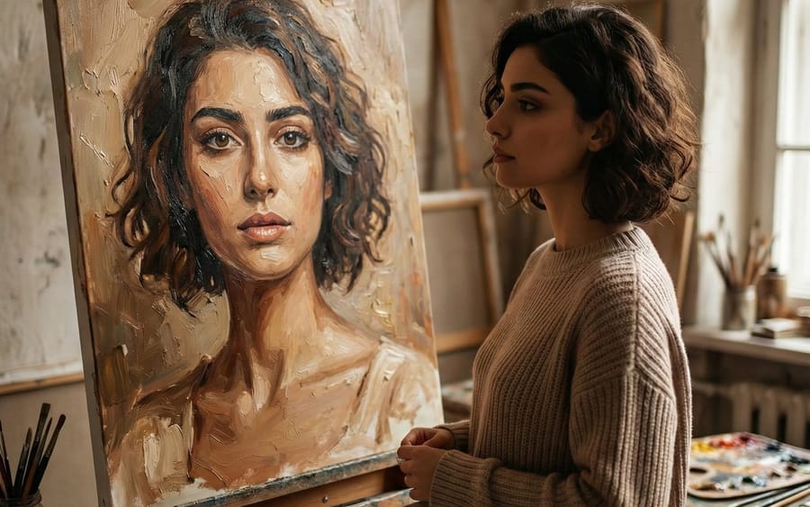 Cinematic Studio Scene of Woman Observing Portrait
