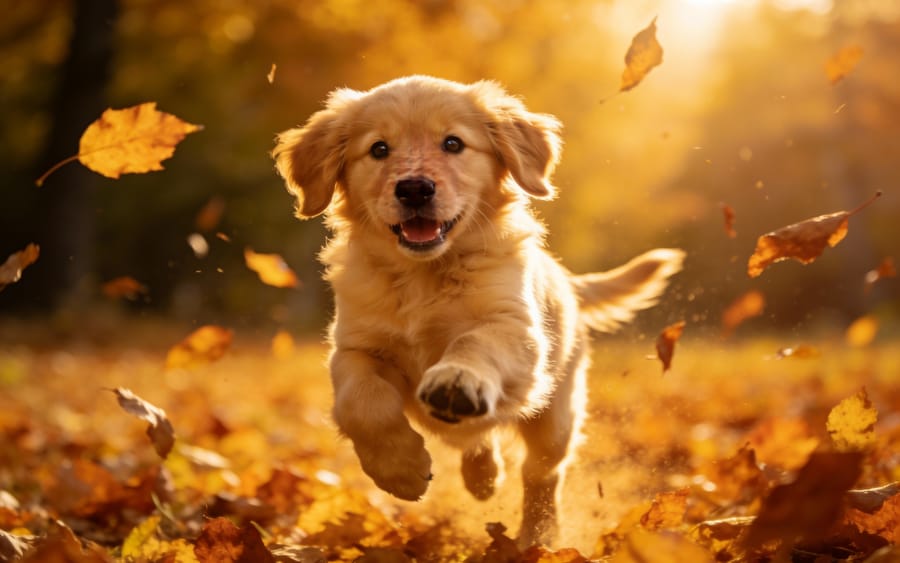 Golden Retriever Puppy in Autumn Leaves