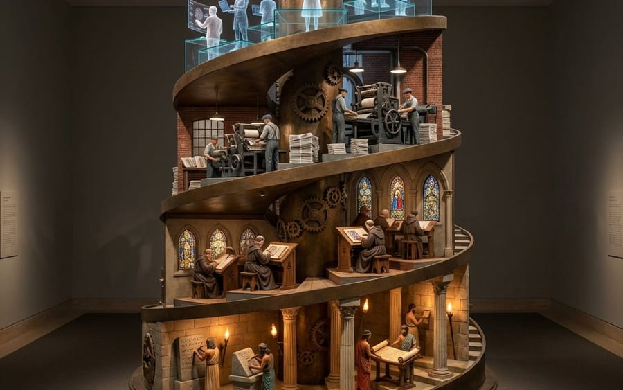 Helical Tower Sculpture Prompt for Visualizing Historical Evolution