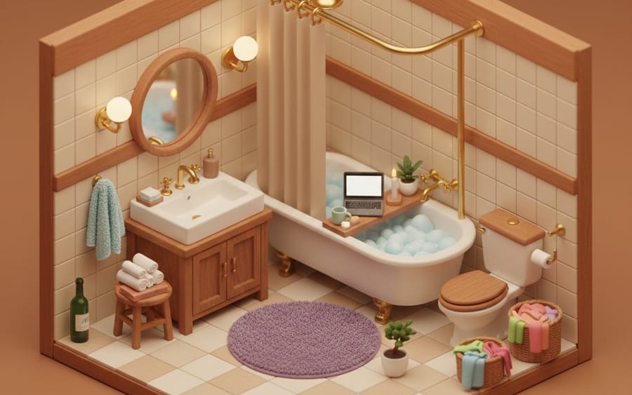 Isometric Cozy Bathroom Diorama Prompt