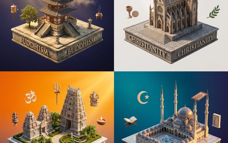 Grille de diorama isométrique sur les religions