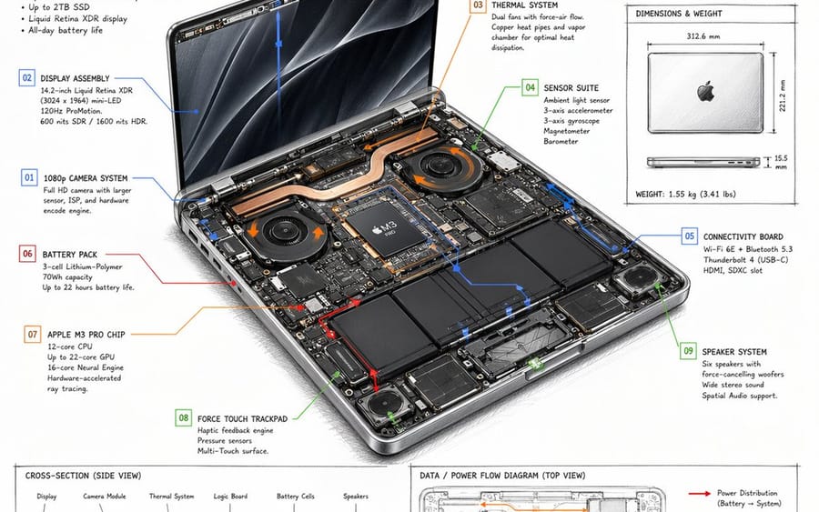 Infographie technique d'un ordinateur portable