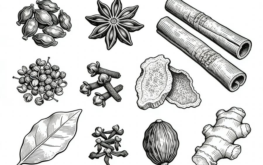 Line Art of Traditional Chinese Seasoning Herbs