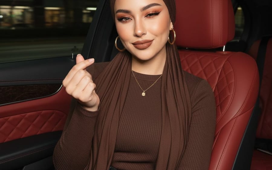 Luxury Car Hijab Portrait with Finger Heart