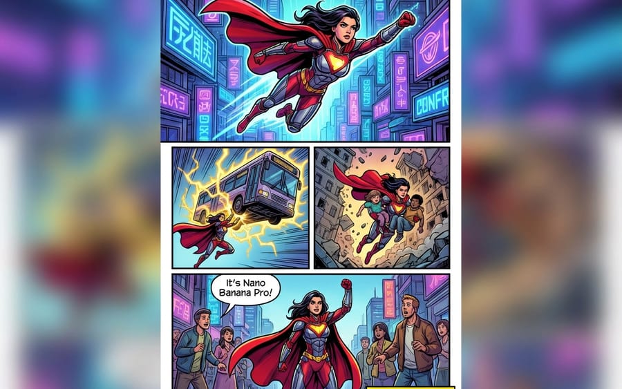 Marvel-style comic storyboard of a heroine