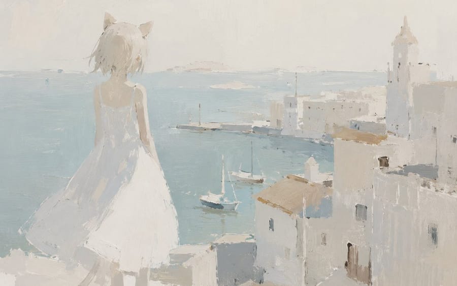 Pintura minimalista de chica gato junto al mar