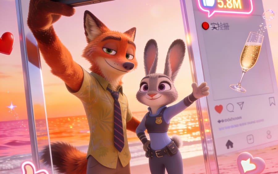 Nick and Judy Pink Beach Instagram-Style Selfie