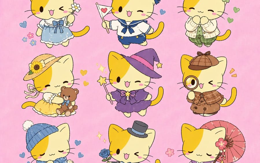 Neuf variantes de costumes de chatons chibi