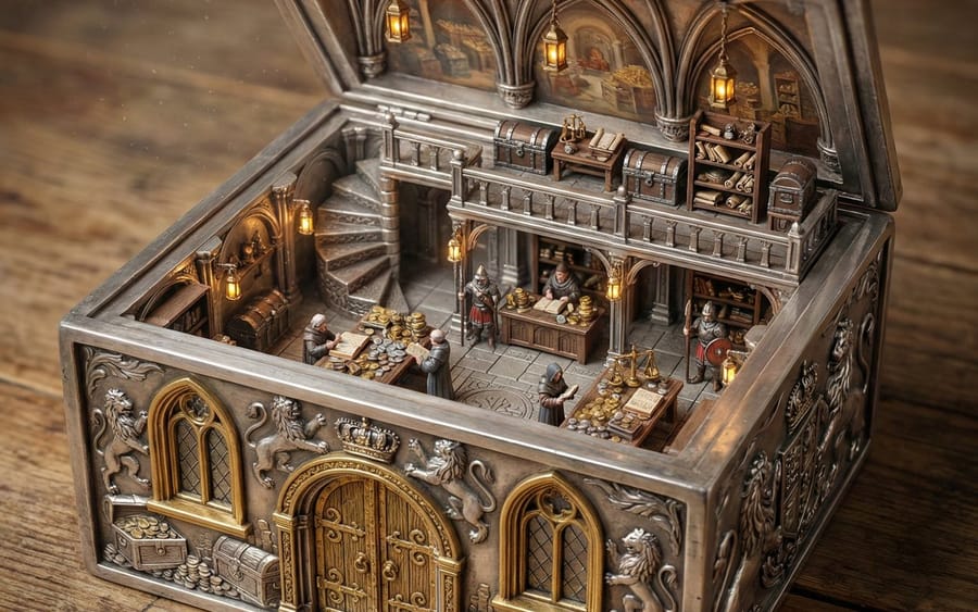 Diorama en boîte ornée d'une salle de comptage du Trésor royal