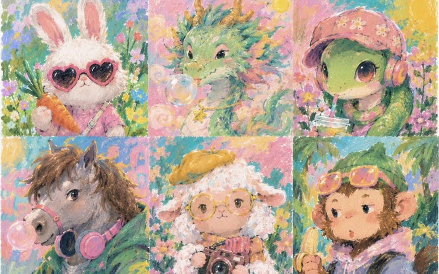 Cuadrícula de avatares del zodiaco en tonos pastel
