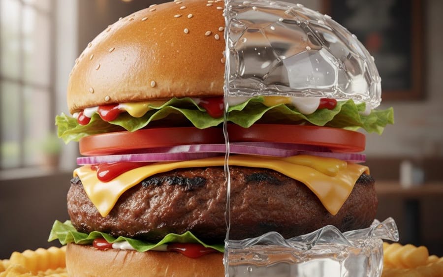 Photorealistic Hamburger Half Glass, Half Normal