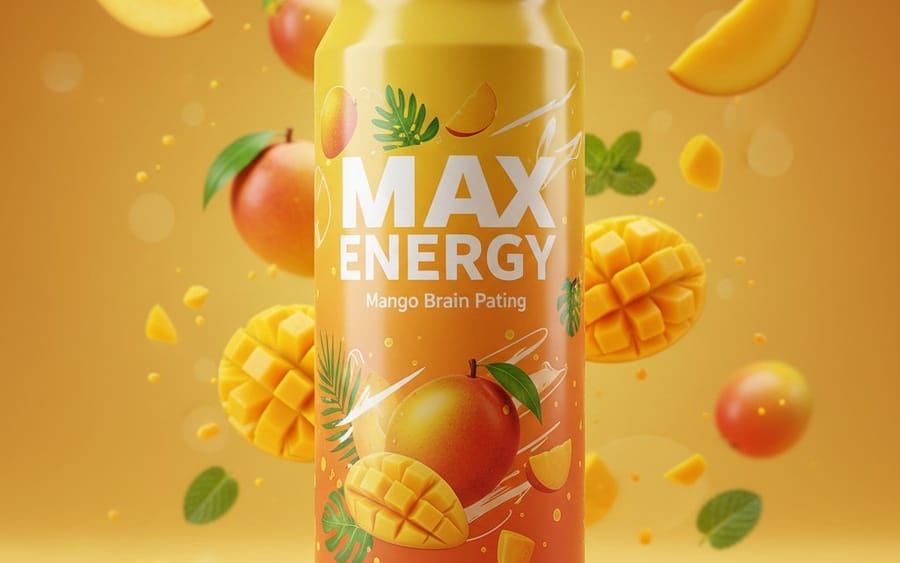 Photorealistic Mango Energy Drink Product Shot Prompt
