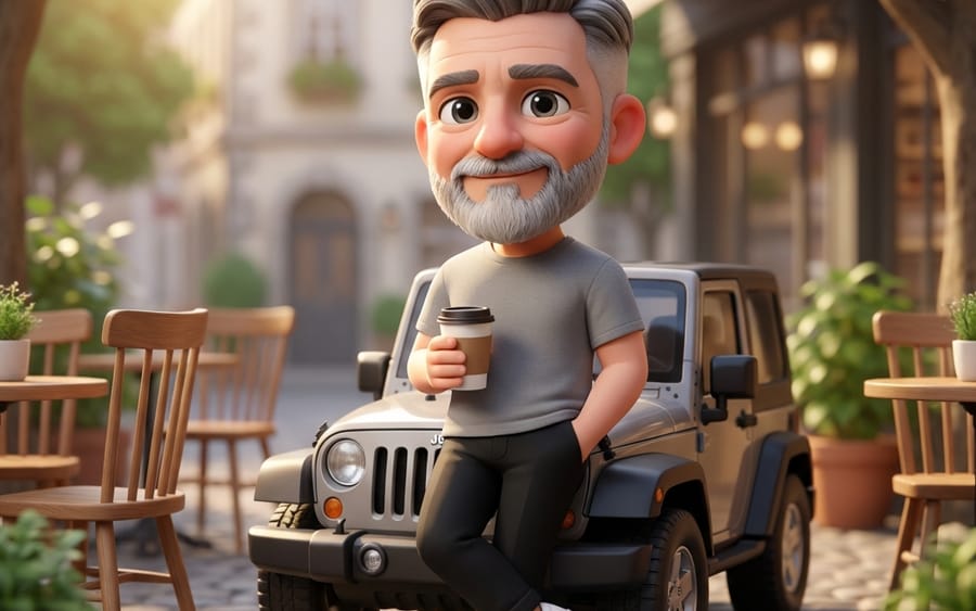 Pixar-Quality 3D Chibi Character with Mini Jeep