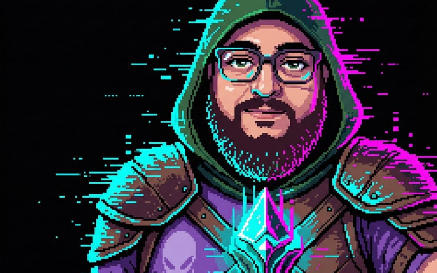 Pixel art character portrait with glitch effect