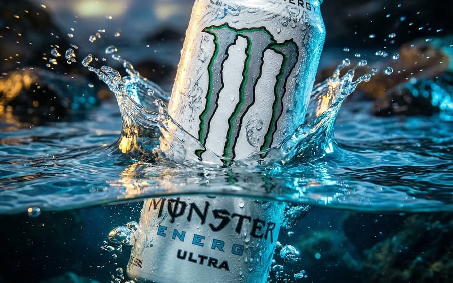 Product Ad: White Monster Energy Can Submerged in Water