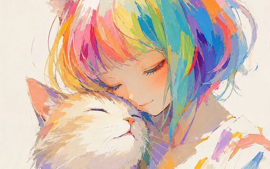 Pintura de chica gato con cabello arcoíris