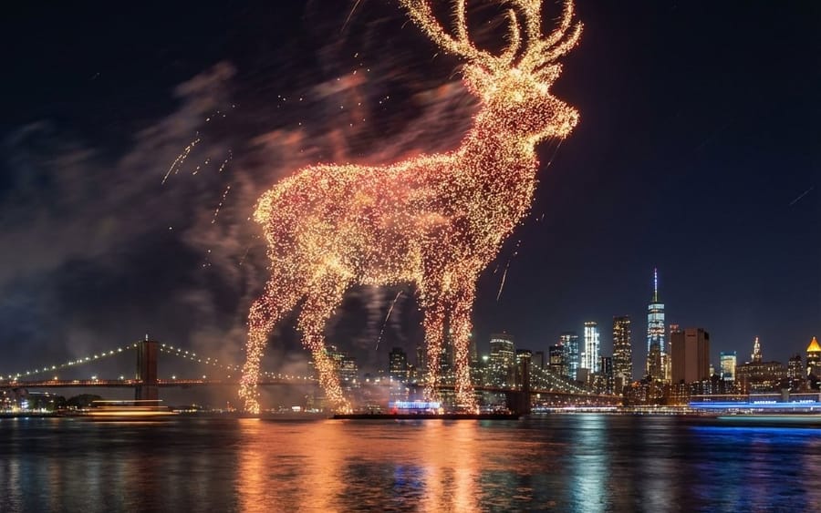 Santa Claus Fireworks over City Skyline