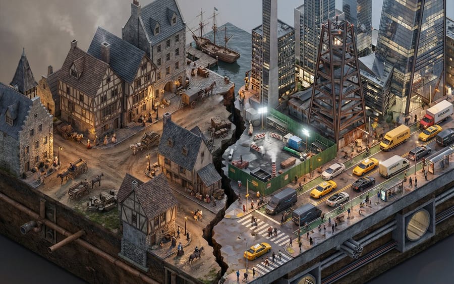 Split-Era Urban Diorama Generation Prompt for Nano Banana Pro
